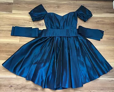 Vintage 80s Laura Ashley Irridescent Blue Tea Length Dress - Juniors Size 10 • $95.99