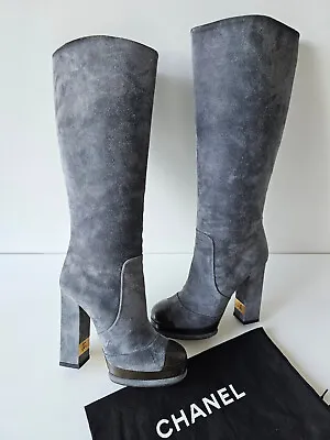 Chanel Gray CC Cap Toe Suede Knee High Platform Boots 36.5 • £261.20