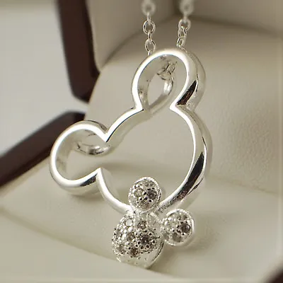 925 Stamped Silver Plt Mickey Minnie Mouse Clear CZ Pendant Necklace Gift Idea • £6.99
