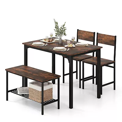 $193.95 • Buy 4-PCS Dining Table Chairs Set Metal Table W/ 2 Chairs & A Bench & Storage Rack