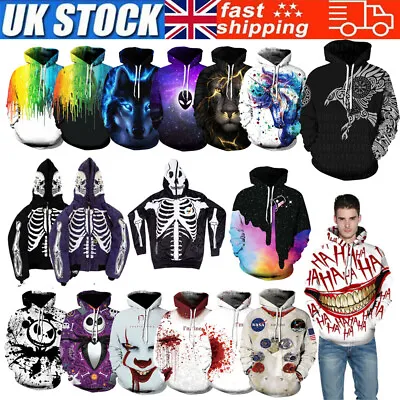 Unisex 3D Skeleton Clown-Print Hoodies Sweatshirt Coat Pullover Jumper Halloween • £7.59