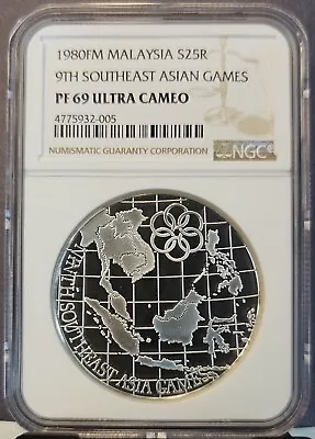 1980 Malaysia Silver 25 Ringgit Southeast Asian Games Ngc Pf 69 Ultra Cameo • $199.95