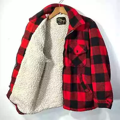 VTG Mens S Wool Zip Shirt Jacket Sherpa Lined USA MADE Red Black Plaid   • $56.27