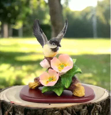 Ceramic Chickadee Bird With Flower Figurine Vintage Style Bird Statue Home Decor • $42.39