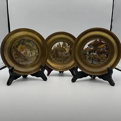 Vintage England Wall Plates Brass Frames With Foil Cottages Pictures • $24.75
