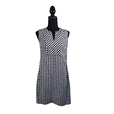 TALBOTS Womens 12P Black White Gingham Check Sleeveless Shift Dress Linen Blend • £28.88