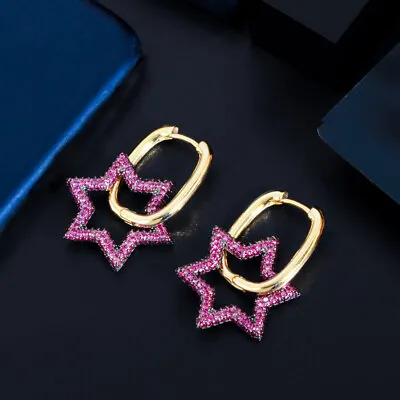 Hot Pink Red CZ Dangle Star Heart 2 Tone Gold Big Huggie Hoop Earrings For Lover • $6.99