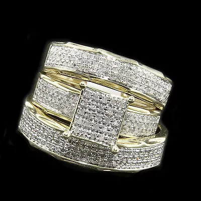 7/9ct Natural Round Diamond Trio Set Matching Wedding Band Ring 10K Yellow Gold • $1849.64