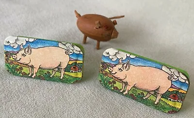 3 Vintage Pig Collectibles - Nut Shell & Wood Pig Figurine + 2 Mini Candy Tins • $14.99