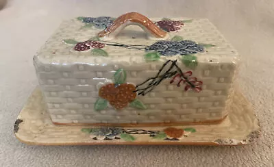 Antique Covered Butter /Cheese Dish Basket Weave Floral Design Japan • $21.24