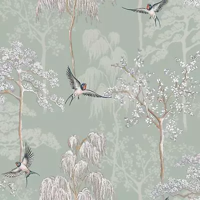 Japanese Garden Wallpaper Oriental Wisteria Trees Swallow Birds Green 946102 • £18.99