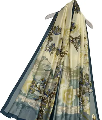 Japanese Landscape Floral Silk Scarf Blue Border • £19