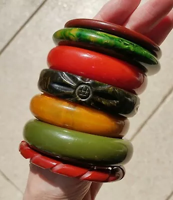 LOT Of 7 Bakelite Bracelets Marbled Yellow Red Green Brown Carved Simichrome + • $42