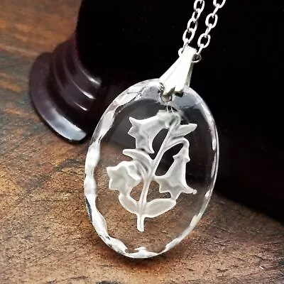 Vintage Lily Of The Valley Glass Necklace Intaglio Pendant Rhodium Plat • $24.99