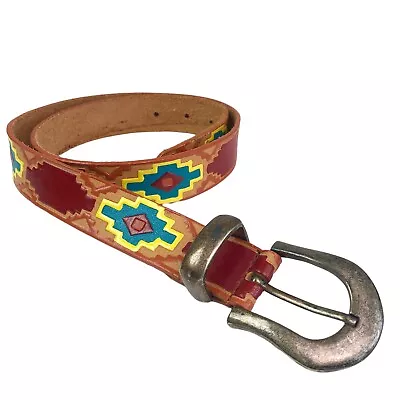 Milor Vintage Belt Teal Brown Leather Southwestern Aztec Size S M  • $19.99