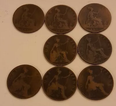 Queen Victoria 1d  One Penny Coins Dated 1891 To 1899 (not 1894)  Eight Coins • £2.75