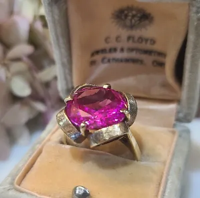 Estate Cocktail Ring 10K Yellow Gold Vintage 1960s Lab Created Pink Sapphie • $349.99