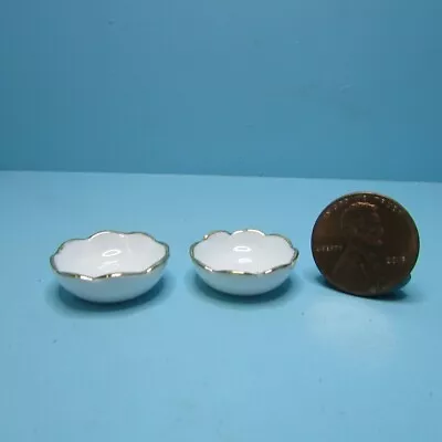 Dollhouse Miniature White Ceramic Scalloped Bowl Set Of 2 With Gold Trim B5271 • $3.59