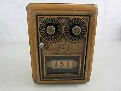 US Eagle Vintage Wooden Postal Box Coin Bank Corbin 2 Dial Combo  Lock • $62.26