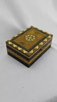 Trinket Jewelry Box Vintage Wood Marquetry Inlay Rosette Hinged Lid Latch Lined  • $10.99