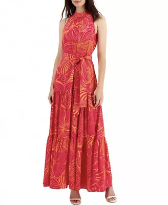 ANNE KLEIN Floral-Print Halter-Neck Tiered Maxi Dress 0 Pink Pansy/Orange Peel • £77.02