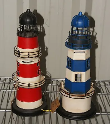 Metal Tin Lighthouse Model Moneybox Blue White And Red White Brand New In Box • £14.99