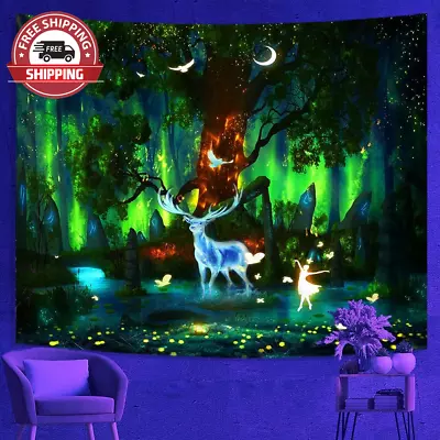 Blacklight Enchanted Forest Tapestry Magical Tree Elk Butterfly UV Reactive Fant • $34.49