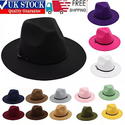 Mens Womens Wide Brim Wool Felt Fedora Panama Cowboy Girl Hat Casual Jazz Caps • £6.99