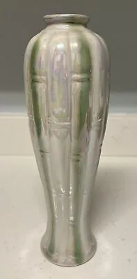 Vintage MCM Ceramic Vase Bamboo Design Opalescent Glazed Tall White Asian Style • $12.50
