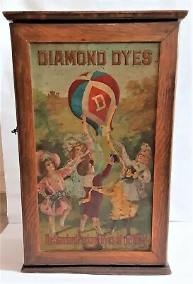 Diamond Dyes Display Cabinet - Antique Wood & Tin Litho Of Children W/ Balloon • $597