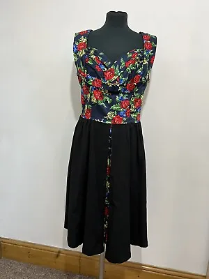 £18.99 • Buy Lindy Bop A-line 60s Dress  Black Red Floral Print UK 16 Retro Vintage Style NEW