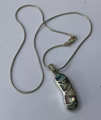 Vtg Sterling Silver 925 Rainbow Abalone Shell Pendant 18” Snake Chain Necklace • £18