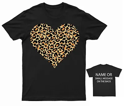 Love Heart Leopard Pattern T-Shirt Personalised Gift Customised Name Message • £13.95