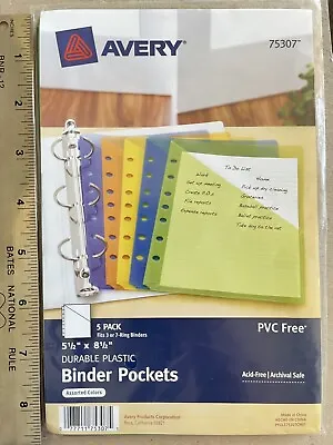 NEW Mini Binder Pockets 5 Pack Multi Colors Fits 3-Ring 7-Ring Binders Durable • $6