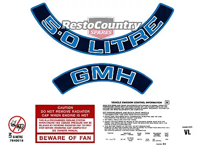 Holden VL V8 Engine Decals -5.0 LITRE GMH- Air Cleaner + Beware + Emission • $74.95