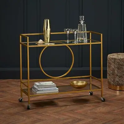 £88.99 • Buy Gatsby Drinks Trolley Gold Finish Glass Top Handy Wheels Deco Shelf Cocktail Bar