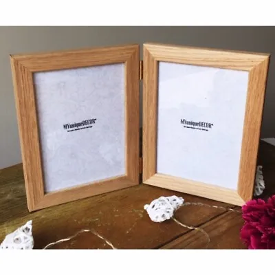 Solid Oak Double Hinged Photo Picture Frame Wood Wooden Glass Top Quality - UK • £20.95