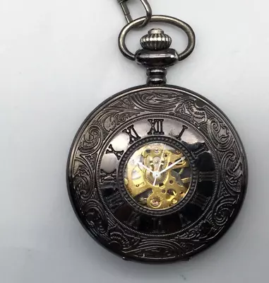 Skeleton Pocket Watch Black Gold Tone 45mm With Chain Manual Wind A1 • $26.99