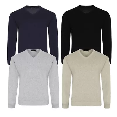 Mens Plain Knitted V Neck Jumper Soft Cotton Knitwear Warm Pull Over Top Sweater • £13.99