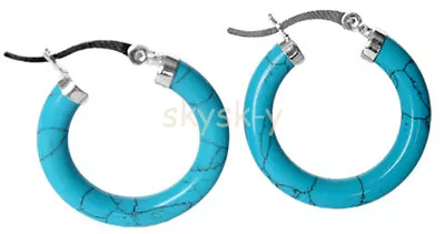 $7.50 • Buy Lady's Jade Turquoise Agate 925 Sterling Silver 30mm Ring Hoop Pierced Earrings