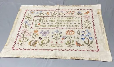 Vtg 50s Linen Embroidered Sampler~All The Flowers Of All The Tomorrows OOAK • $39.99