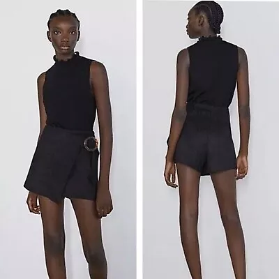 Zara Black Buckled Faux Suede Skort Skort Shorts Mini Casual Party Trendy S • $19