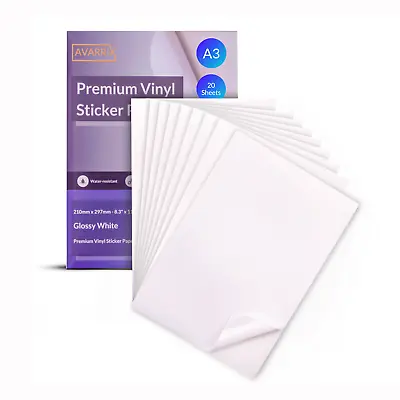 $37.99 • Buy White Glossy Vinyl Sticker Paper A3 For Inkjet/Laser Printer 20 Sheets - 100 Mic