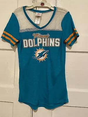 NFL MIAMI DOLPHINS Youth Girls 7/9 Shirt Aqua Blue Orange & White Mesh Yoke • $13