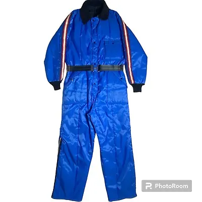 Vintage Men Large Snowmobile Ski Suit Stripe Blue Belt Coveralls Corduroy Collar • $59.99