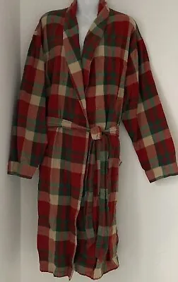 LL Bean Vintage Cotton Fleece Lined Robe Red Green Check Men’s Size Large • $39.99