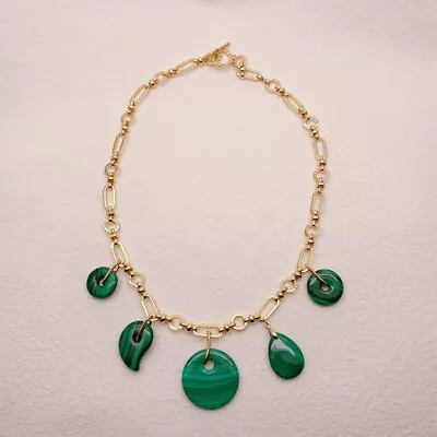 Natural Green Malachite Charm Pendant Gold Plated Chain Necklace • $32