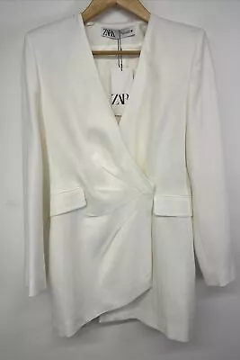 Zara Draped Blazer Dress Ecru Cream V Neck Asymmetrical Long Sleeve UK M 12 • £24.99