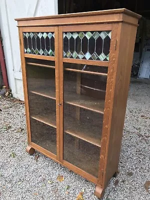 Antique Larkin Quartersawn Oak Blue & Green Stained Glass Bookcase Back Restored • $1495