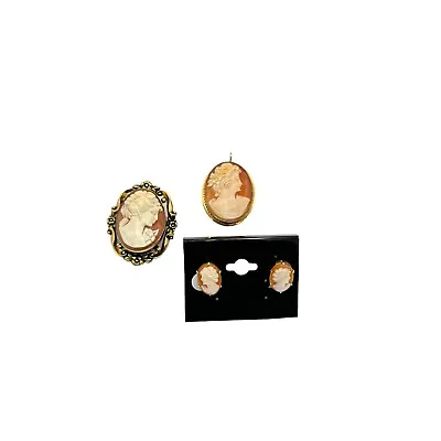 SHELL CAMEO Vintage Gold Filled Brooch Pendant Locket Earrings 3 Pc Lot • $49.99